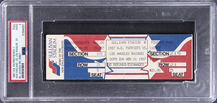 1987 New England Patriots/Los Angeles Raiders Full Ticket From Bo Jacksons NFL Debut - PSA GOOD 2